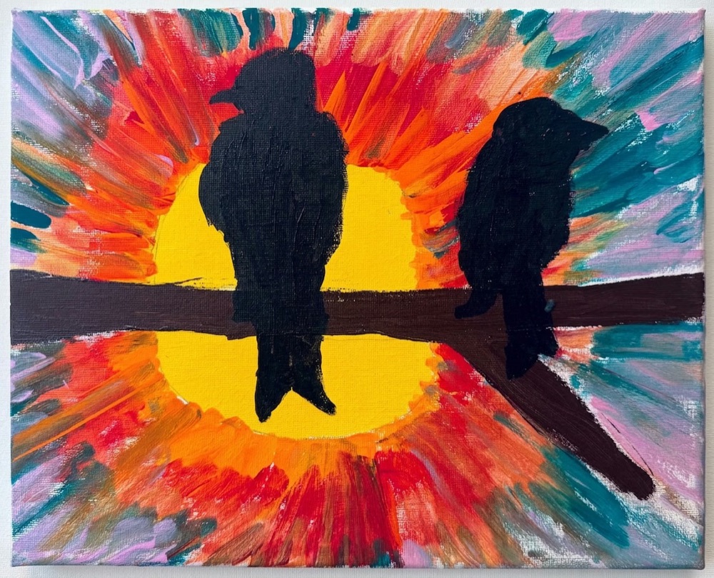 A child's vivid sunset bird painting, straightened and colour-true in the gallery
