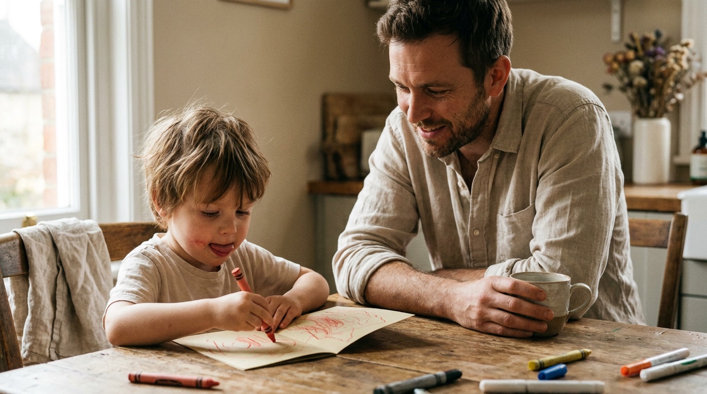 A dad leaning in with his coffee while his young child colours a Father's Day card at the kitchen table