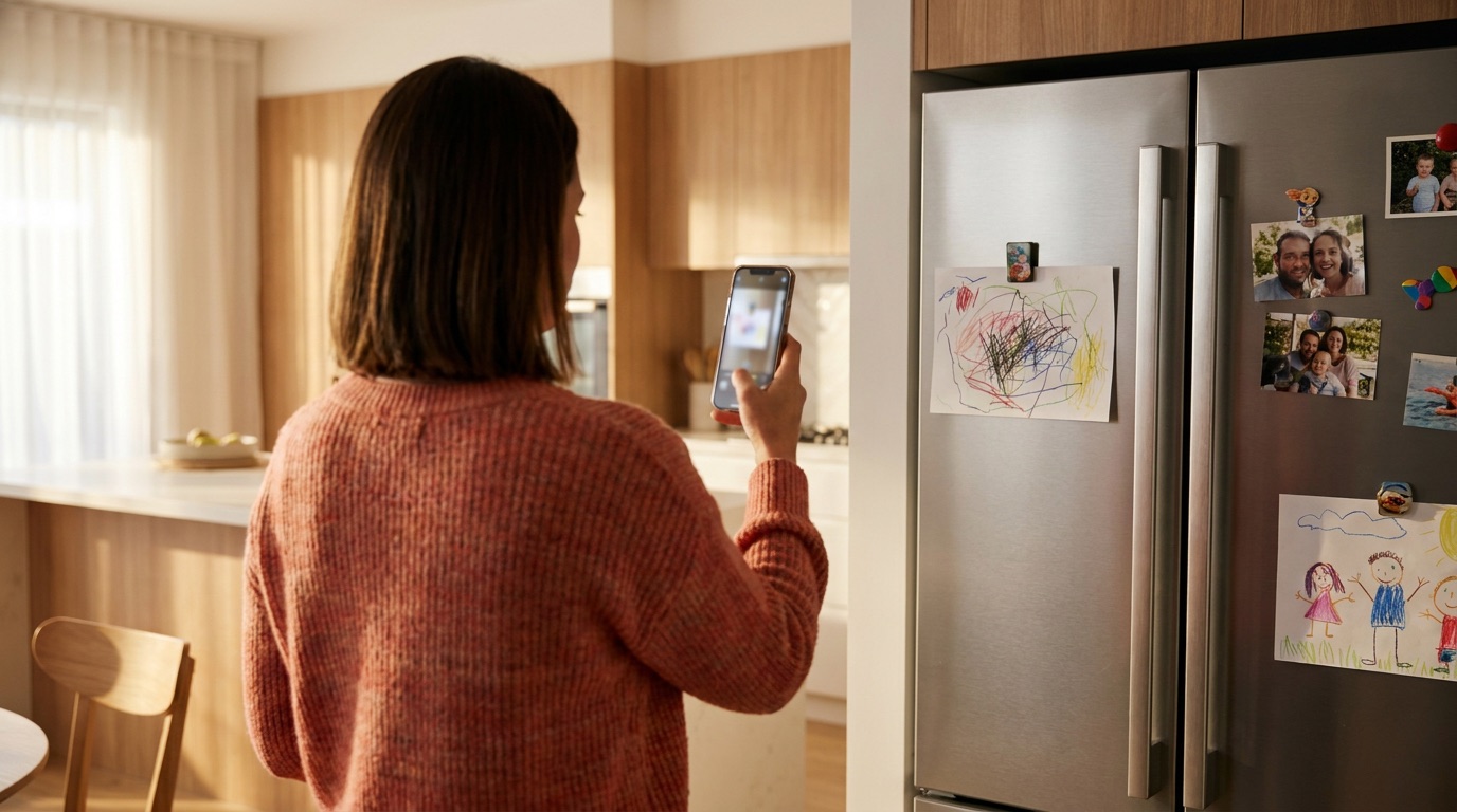A mother in her kitchen photographing her child's crayon drawings stuck to the fridge door with her phone