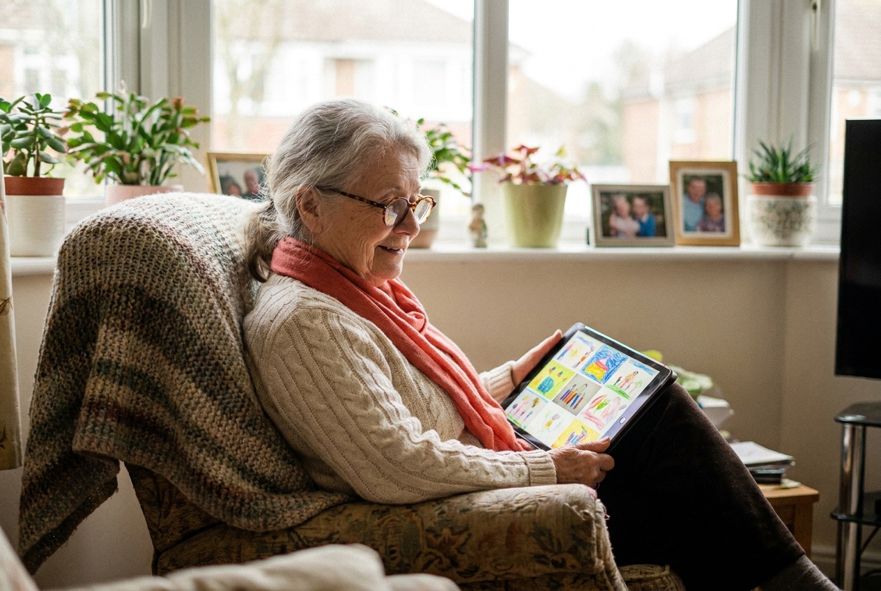 A grandmother in a cosy armchair smiling at a tablet showing her grandchild's colourful artwork